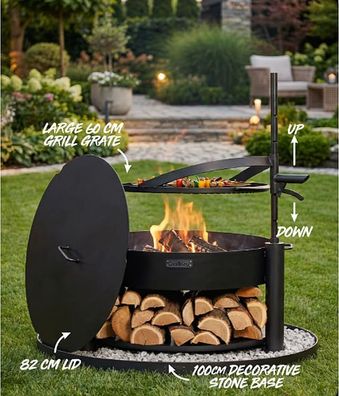 SET: Multifunktionale Feuerschale Montana 80 cm mit Grillrost 60 cm, Deckel 82,0