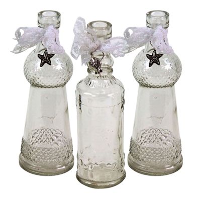 3er Satz Glas Flaschen Vasen maritim H=17 cm silber Anhänger Deko Spitzenband