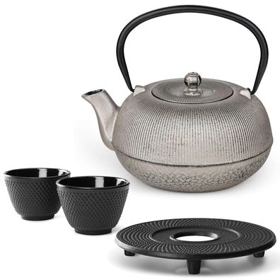 Bredemeijer Guss Teekanne 1 L Antik-Silber mit Filter, Untersetzer & 2 Teebecher