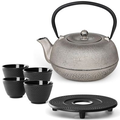 Bredemeijer Guss Teekanne 1 L Antik-Silber mit Filter, Untersetzer & 4 Teebecher