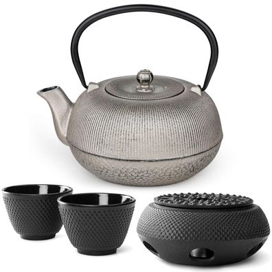 Bredemeijer Guss Teekanne 1 L Antik-Silber Kanne mit Stövchen Filter 2 Teebecher