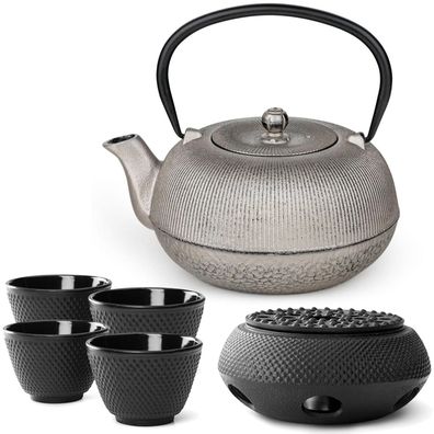 Bredemeijer Guss Teekanne 1 L Antik-Silber Kanne mit Stövchen Filter 4 Teebecher