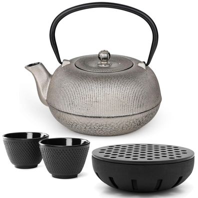 Bredemeijer Guss Kanne 1L Antik-Silber Teekanne mit 2 Teebecher Filter Teewärmer