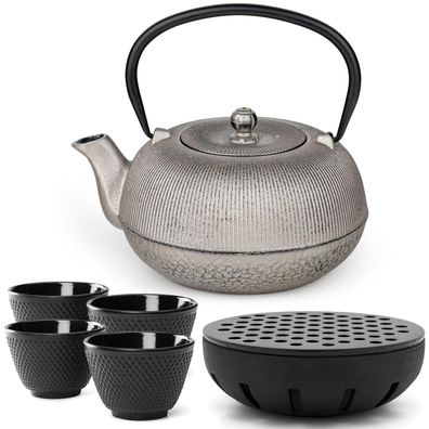 Bredemeijer Guss Kanne 1L Antik-Silber Teekanne mit 4 Teebecher Filter Teewärmer