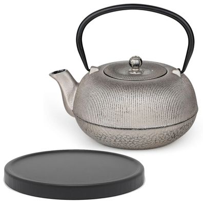 Bredemeijer Gusseisen Teekanne 1 L Antik-Silber Filter Holz Untersetzer schwarz