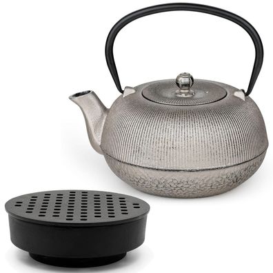 Bredemeijer Guss-Teekanne 1,0 Liter silberfarben mit Teefilter-Sieb & Teewärmer