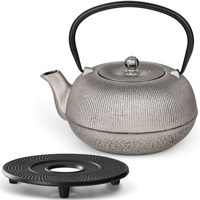 Bredemeijer Guss-Teekanne 1 Liter Silber-Antik mit Teefilter-Sieb & Untersetzer