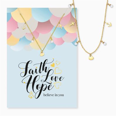 Grußkarte Faith, Love, Hope mit Umschlag und Edelstahl Kette MYSN-006-G Goldplattiert