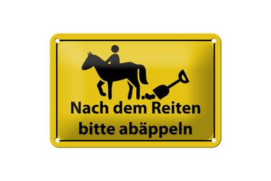 Blechschild Nach dem Reiten bitte abäppeln 18x12cm gelb gewölbt
