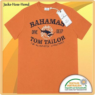 T-Shirt Frontdruck Tom Tailor Orange Baumwolle Bahamas Hai Drive Deep Gr: 152 NEU