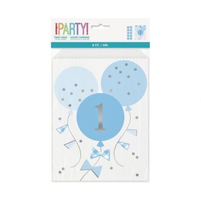 Unique Partytaschen aus Papier - Blauer Gingham 1. Geburtstag - 8er-Pack