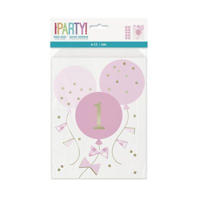 Unique Partytaschen aus Papier - Rosa Gingham 1. Geburtstag - 8er-Pack