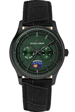 Jacques Lemans Herrenarmbanduhr Derby mit Mondphase Schwarz/Grün 1-2213H