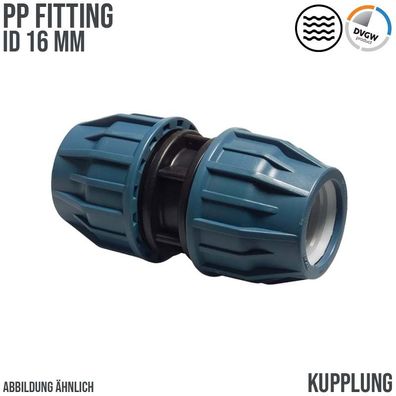 16 mm PE PP Fitting Klemm Verbinder Muffe Kupplung DVGW