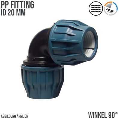 20 mm PE PP Fitting Klemm Verbinder Muffe Winkel 90° DVGW