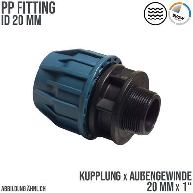 20 mm x 1" PE PP Fitting Klemm Verbinder Muffe Kupplung x AG DVGW