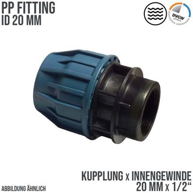 20 mm x 1/2" PE PP Fitting Klemm Verbinder Muffe Kupplung x IG DVGW