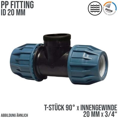 20 mm x 3/4" PE PP Fitting Klemm Verbinder T-Stück 90° x IG DVGW