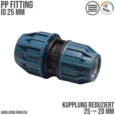 25 x 20 mm PE PP Fitting Klemm Verbinder reduziert Muffe Kupplung DVGW