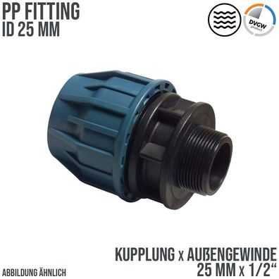 25 mm x 1/2" PE PP Fitting Klemm Verbinder Muffe Kupplung x AG DVGW