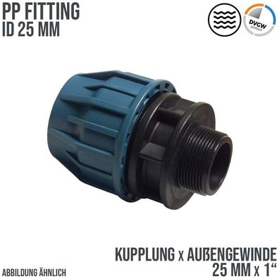 25 mm x 1" PE PP Fitting Klemm Verbinder Muffe Kupplung x AG DVGW