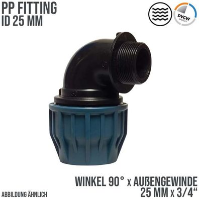 25 mm x 3/4" PE PP Fitting Klemm Verbinder Winkel 90° x AG DVGW