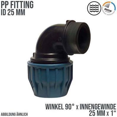 25 mm x 1" PE PP Fitting Klemm Verbinder Winkel 90° x IG DVGW
