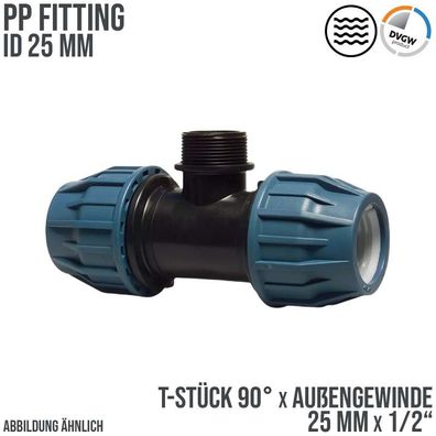 25 mm x 1/2" PE PP Fitting Klemm Verbinder T-Stück 90° x AG DVGW