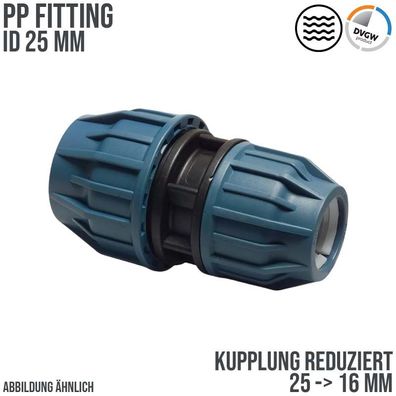 25 x 16 mm PE PP Fitting Klemm Verbinder reduziert Muffe Kupplung DVGW