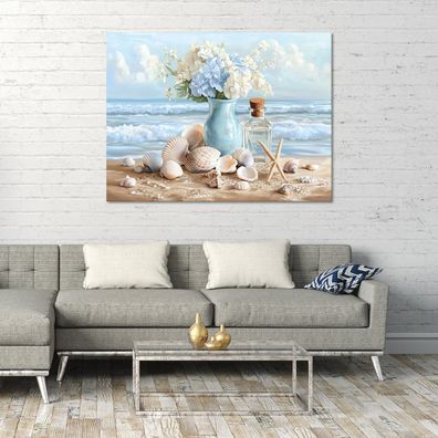 Leinwandbild Meer Natur Muscheln Strand Vase Bild Wandekko Wohnzimmer Schlafzimmer