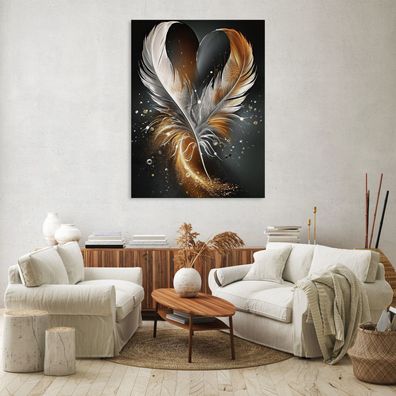 Leinwandbild Federn Herz Gold Schwarz Abstrakt Bild Wandekko Wohnzimmer Schlafzimmer