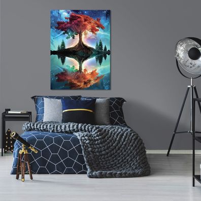 Leinwandbild Baum Spiegelung Nacht Himmel Magie Wandekko Wohnzimmer Schlafzimmer