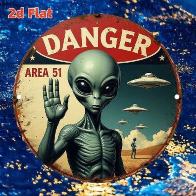 Blechschild rund Danger Area 51 UFO Metallschild TEL4097