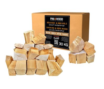 PINI Räucherholz Smokerholz Grillholz BBQ-Holz Wood Chunks Buchenholz OHNE RINDE 30kg