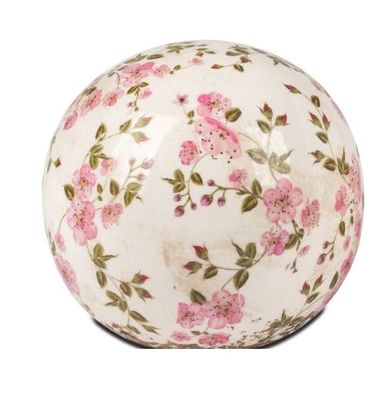 Keramik Dekokugel Vintage, Weiß mit Rosa Bléten, Antik-Stil, 12 cm