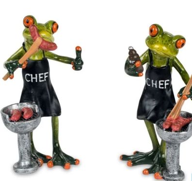 Séße Froschfiguren im Set am Grill mit Bratwurst Deko Figur