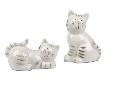 2er Set Dekofiguren Katzen sitzend und liegend weiß grau 17cm