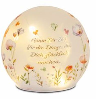 1 Stéck Deko-Kugel mit LED-Licht + Timer 12cm aus Farbglas mit Blumenmuster u. Spruch