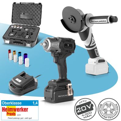 Stahlwerk Akku-Werkzeug-Set Drehschlagschrauber 880 Nm Winkelschleifer 7500 U/min