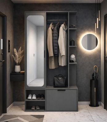 AX LIVING Garderobe Nemrut Grau mit Spiegel - Flurmöbel mit Stauraum