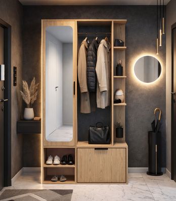 AX LIVING Garderobe Nemrut Holzoptik mit Spiegel - Flurmöbel mit Stauraum