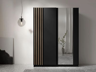AX LIVING Kleiderschrank schwarz mit Spiegel 150 cm - Beralto mit Lamellen