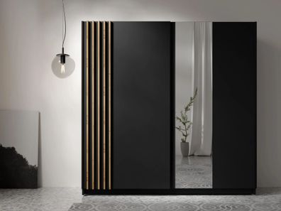 AX LIVING Kleiderschrank schwarz mit Spiegel 202 cm - Beralto Artisan Lamellen