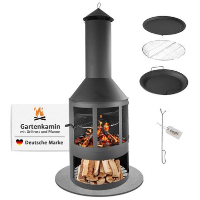 Gartenkamin mit Grillrost und Pfanne, Outdoor-Kamin mit Funkenschutztür, 136 cm hoch