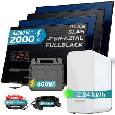 SUNNIVA® 2000W Balkonkraftwerk mit 2,24 kWh Speicher Marstek B2500-D Bifazial