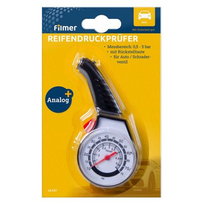 Reifendruckprüfer Analog bis 5bar Autoventil Autozubehör Werkstatt Filmer 18037