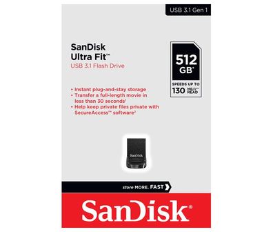 SanDisk USB 3.1 Stick 512GB, Ultra Fit Typ-A, (R) 130MB/s, (W) 60MB/s, Retail-Blister