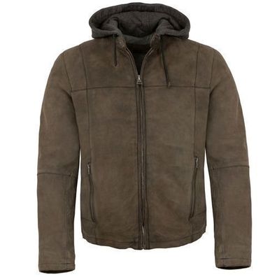 Milestone - Herren Lederjacke Kapuze Lammnubuk tabak
