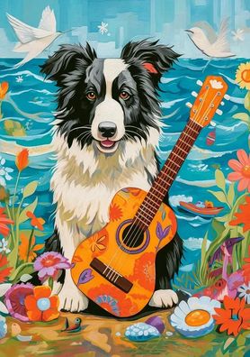 Collie mit Gitarre am See