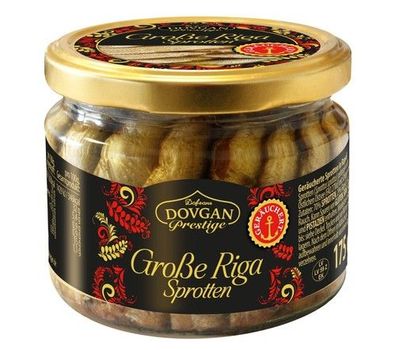 6x DOVGAN Prestige Große Riga Sprotten geräuchert 175 g / Abtropfgewicht 122,5g